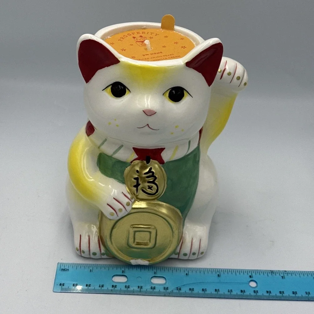 Lucky Cat Ceramic White Red Gold Prosperity Home Decor Candle Used Small Chip